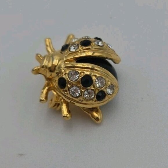 Vintage Ladybug Brooch Pin Gold Tone Black Colorless Rhinestones Beetle Bug Cute - Picture 1 of 10